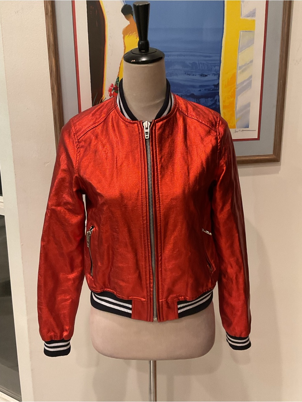 Blank NYC Metallic Red Bomber Jacket with Striped Trim